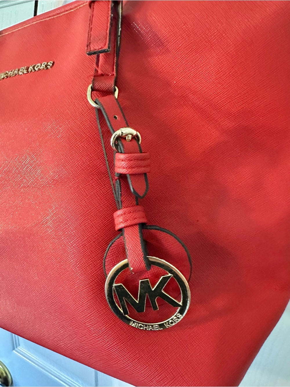 Michael Kors Red Saffiano Leather Tote with MK Charm 11tallx15wide - Picture 2 of 15